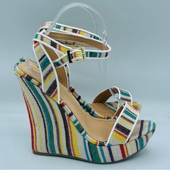 EUC Shoe Dazzle Retro Striped Platform Wedge Sandals - Picture 7 of 13